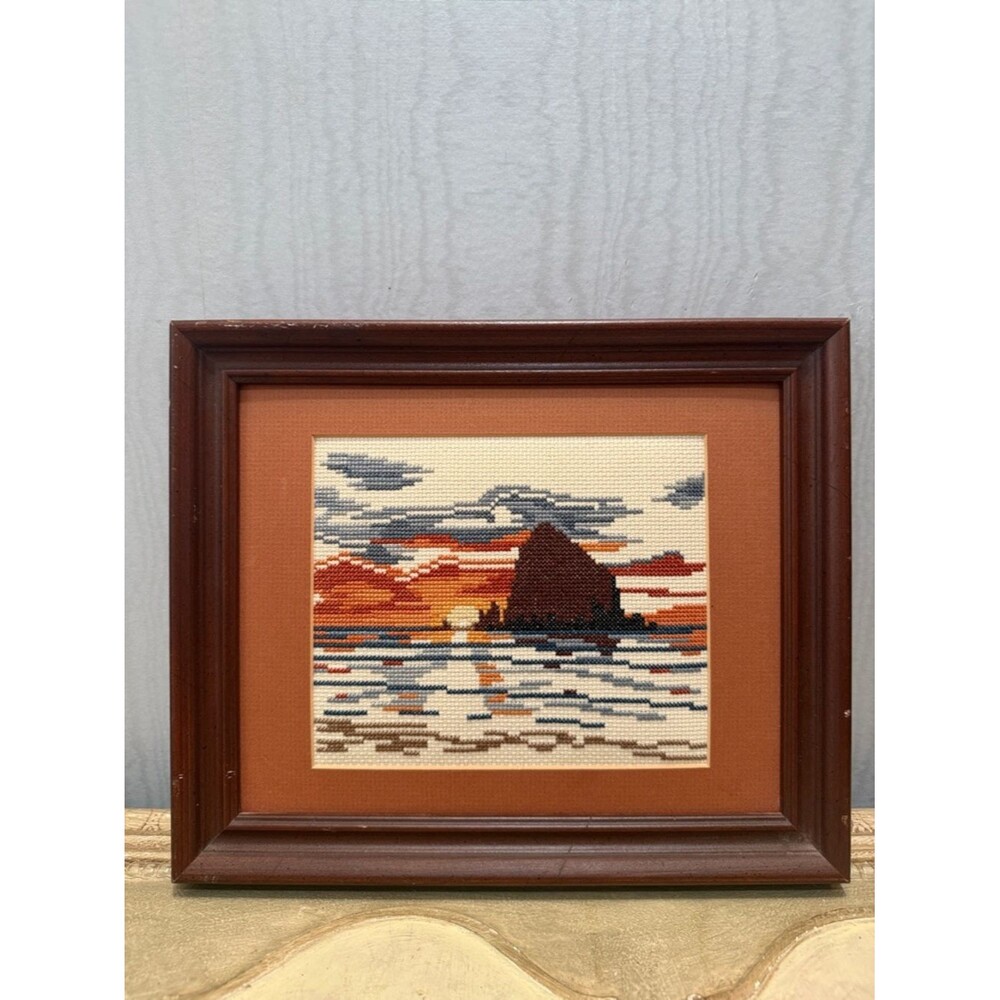 Vintage Counted Cross Stitch Haystack Rock at Sunset Cannon Beach Oregon Framed